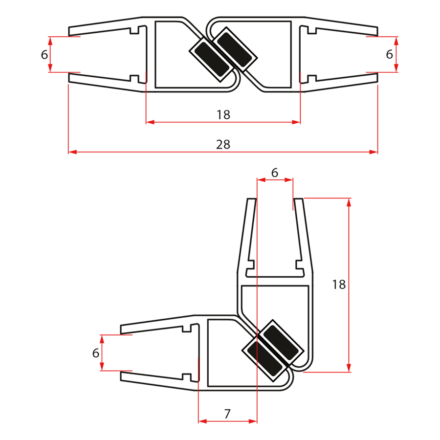 Zestaw uszczelek magnetycznych 45°, do szkła 6/6mm, 1900mm