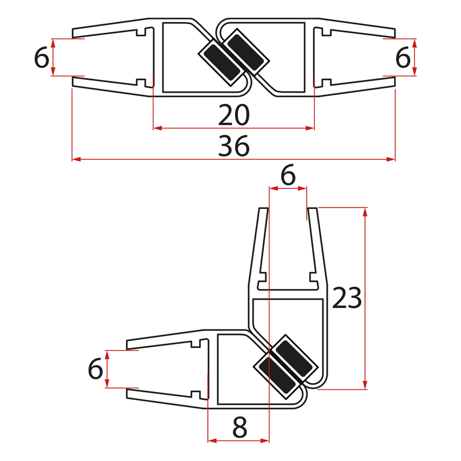 Zestaw uszczelek magnetycznych 45°, do szkła 6 mm, 1900 mm