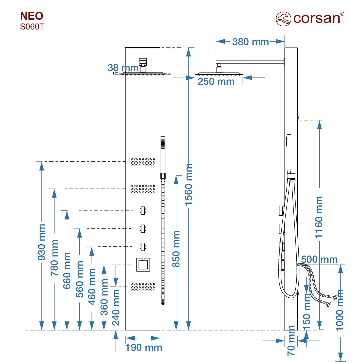 Panel prysznicowy Corsan NEO Termostat Stal