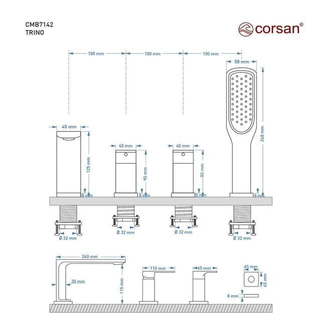 Bateria wannowa otworowa TRINO CMB7142CH chromowana