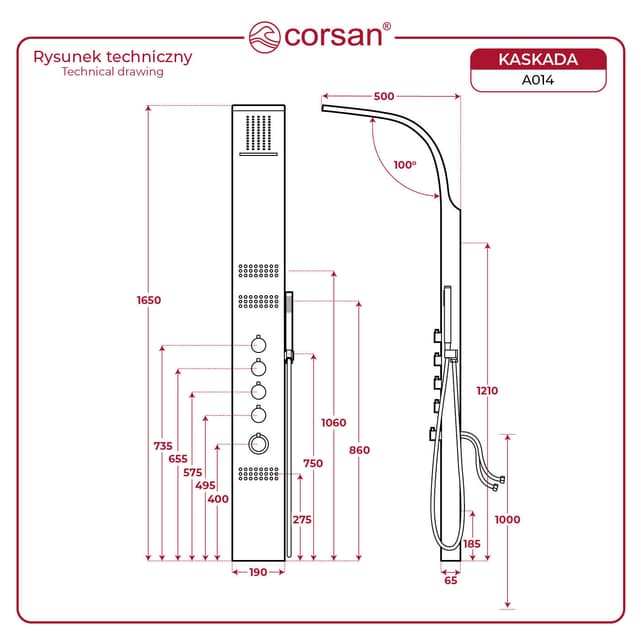 Panel prysznicowy Corsan KASKADA Termostat Srebrny