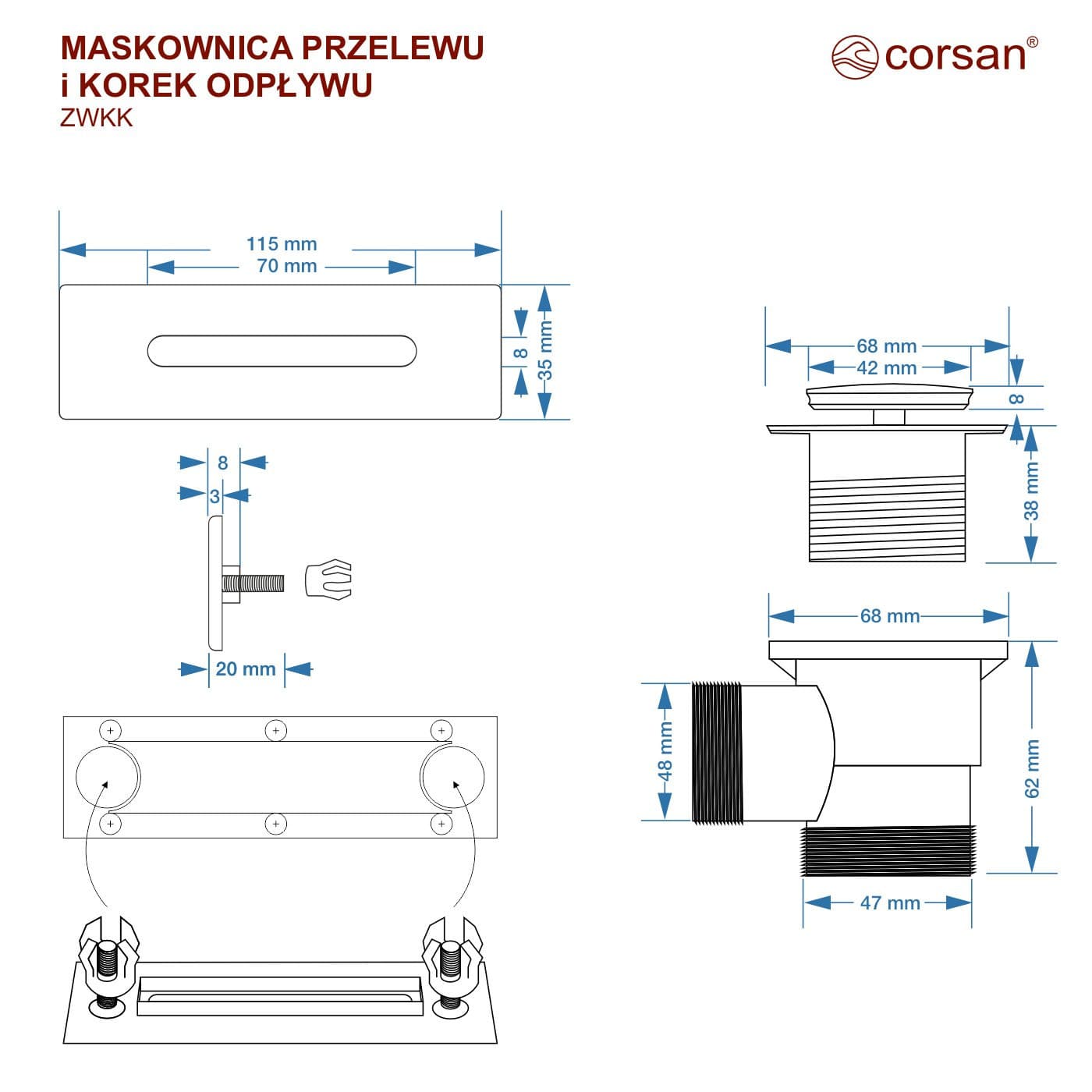 Korek do wanny klik klak ZWKKBL z maskownicą, czarny