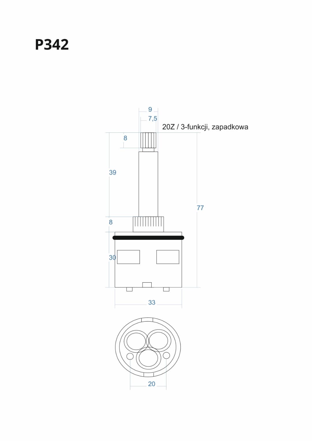 P342 METAL - Głowica, głowiczka 3-funkcji zapadkowa 77mm