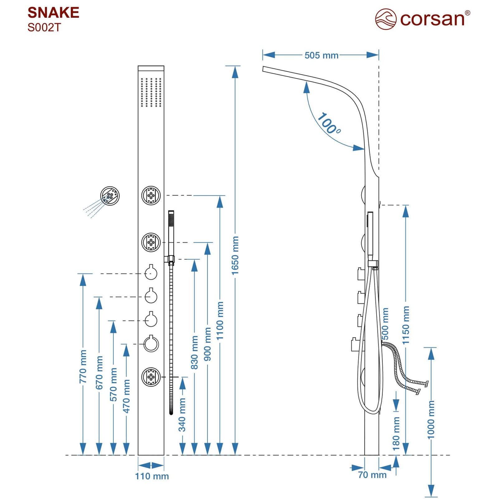 Panel prysznicowy Corsan SNAKE Termostat Czarna stal