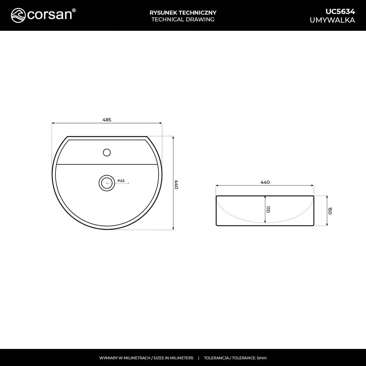 Umywalka nablatowa LUGO UC5634 okrągła 485x435x155 mm