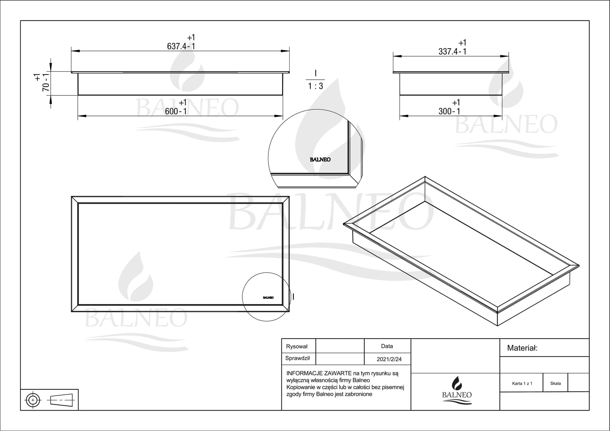 WALL-BOX ONE - Półka wnękowa INOX 60x30x7 cm