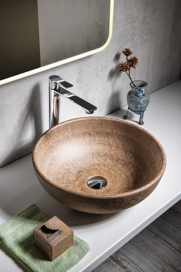 PRIORI umywalka ceramiczna nablatowa Ø 41 cm, brązowa ze wzorem