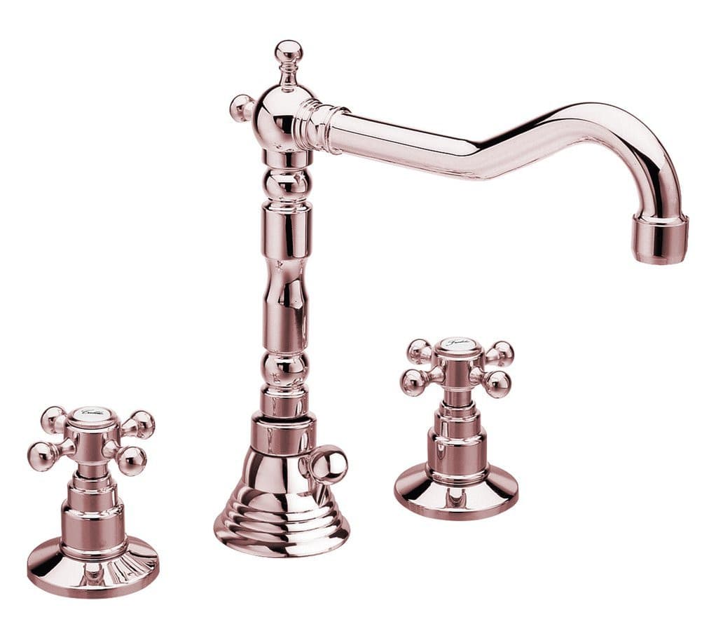 ANTEA baterie umywalkowa trzyelementowa retro, różowe złoto, z wylewką i odpływem