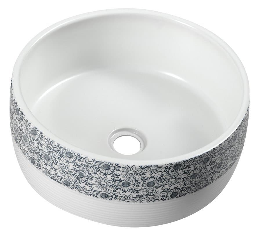 PRIORI umywalka ceramiczna nablatowa Ø 41 cm biała z niebieskim wzorem