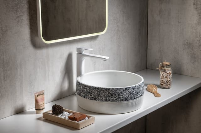 PRIORI umywalka ceramiczna nablatowa Ø 41 cm biała z niebieskim wzorem
