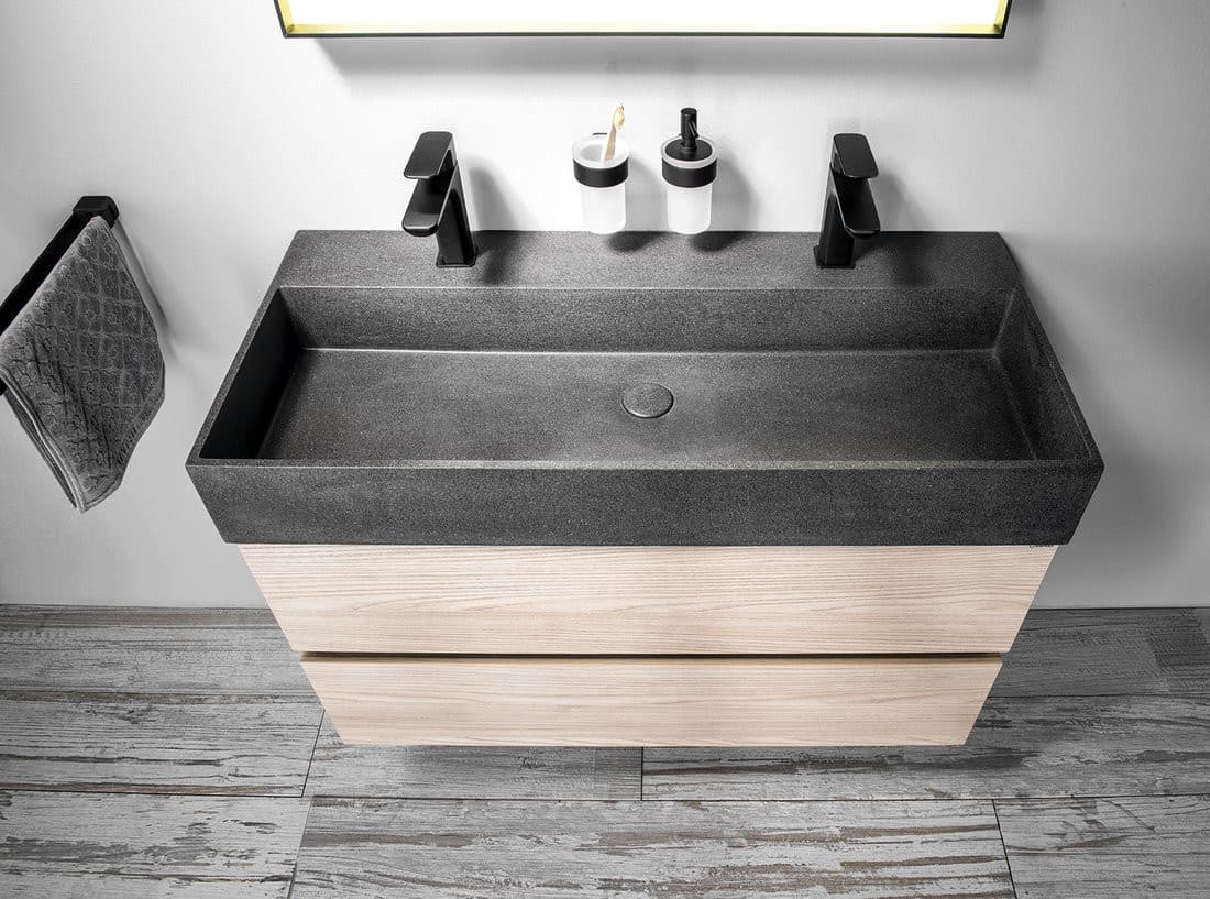 QUADRADO umywalka betonowa z odpływem, 96x44cm, 2 otwory, czarny granit