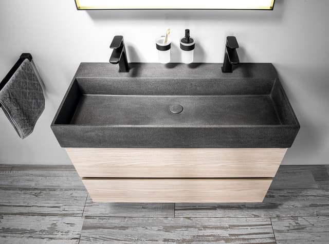 QUADRADO umywalka betonowa z odpływem, 96x44cm, 2 otwory, czarny granit