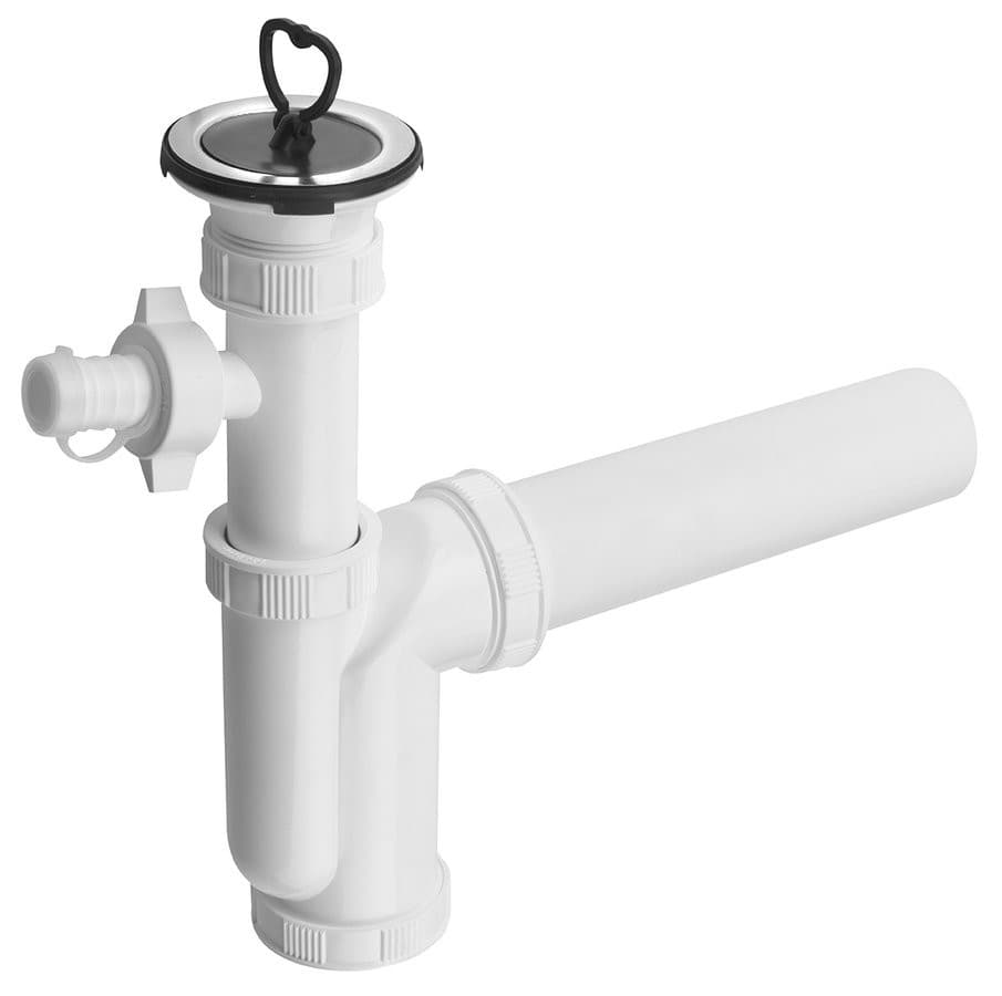 Syfon zlewozmywakowy z przyłącze do pralki 6/4, nierdzewne sitko, korek z uchem, DN50, biały