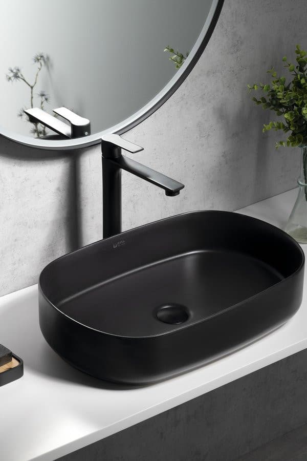 PAX wysoka bateria umywalkowa z przedłużoną wylewką, bez odpływu, czarny mat