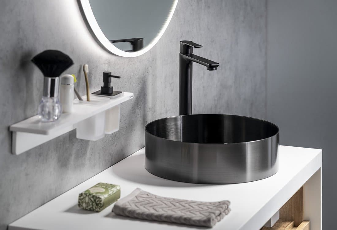 PAX wysoka bateria umywalkowa z przedłużoną wylewką, bez odpływu, czarny mat