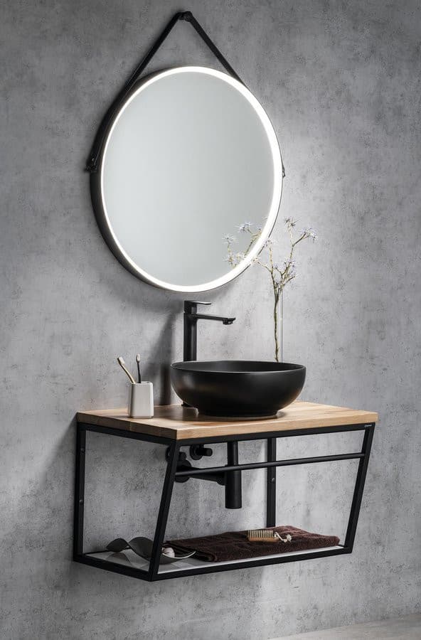 Lustro Okrągłe ORBITER z Oświetleniem LED i Skórzanym Paskiem, ø 70 cm, Czarny Mat