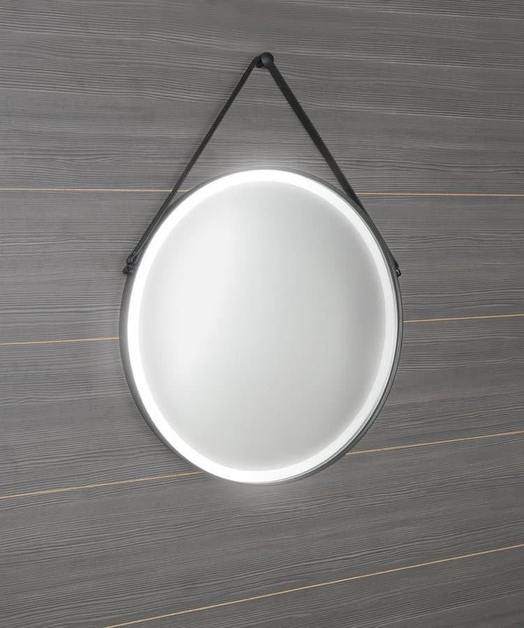 Lustro Okrągłe ORBITER z Oświetleniem LED i Skórzanym Paskiem, ø 70 cm, Czarny Mat