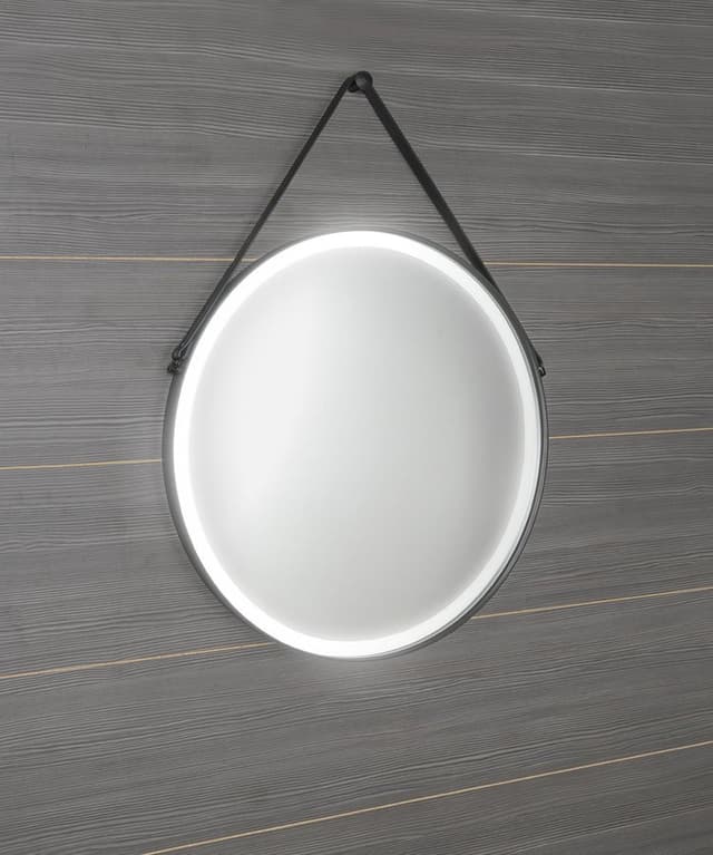 Lustro Okrągłe ORBITER z Oświetleniem LED i Skórzanym Paskiem, ø 70 cm, Czarny Mat