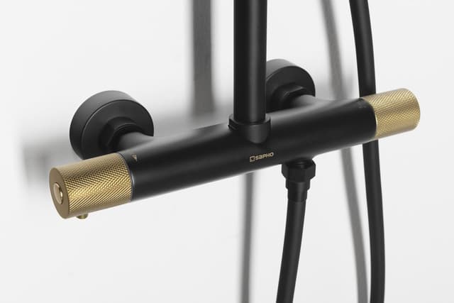 SOLARIS zestaw prysznicowy z baterią termostatyczną, czarny/złoty mat