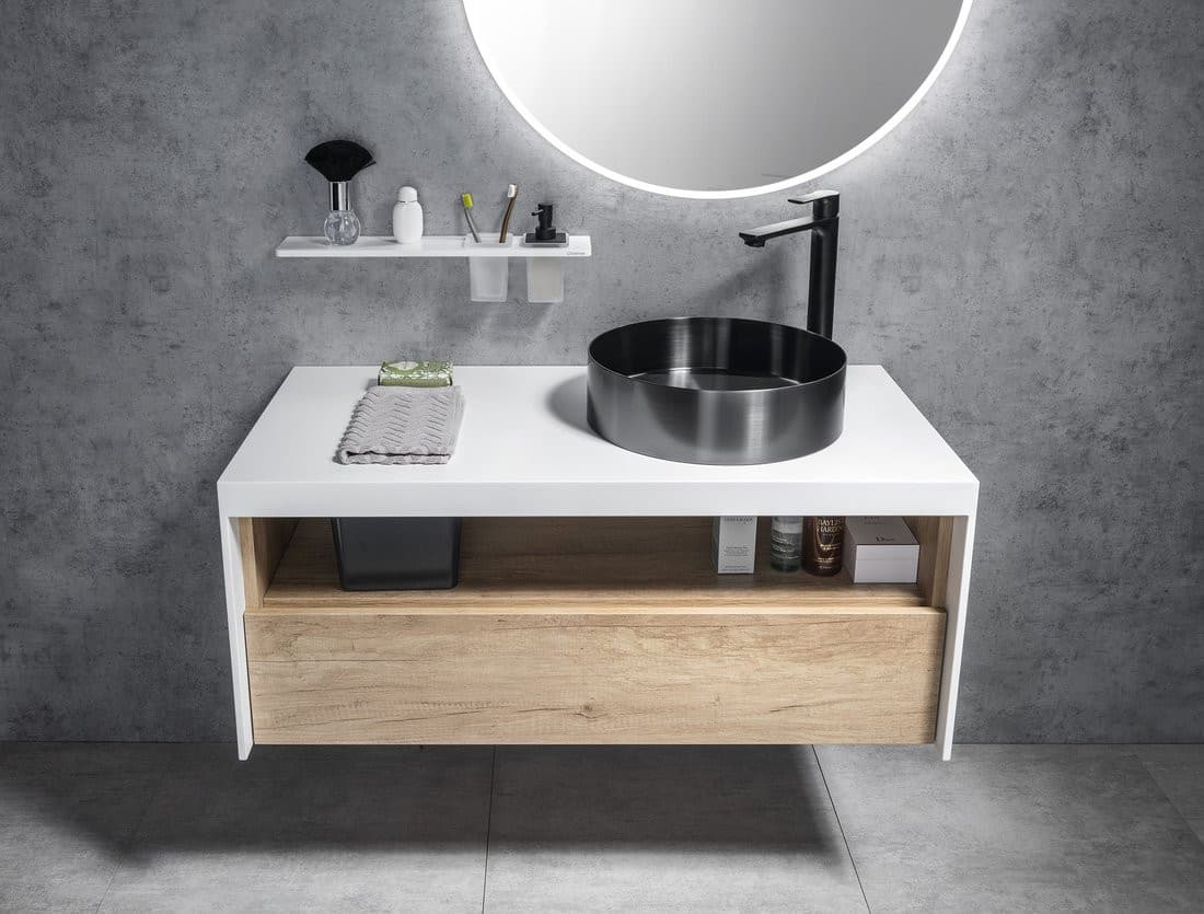 Półka łazienkowa ABELINE 600 mm z dozownikiem i kubkiem, Solid Surface