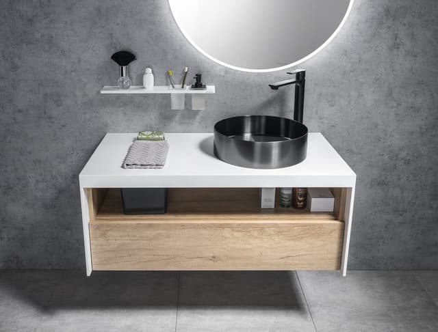 Półka łazienkowa ABELINE 600 mm z dozownikiem i kubkiem, Solid Surface