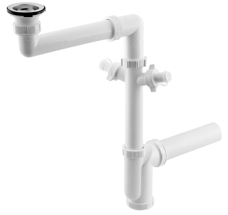 Biały syfon zlewozmywakowy oszczędzający miejsce z 2 podłączeniami i korkiem DN40