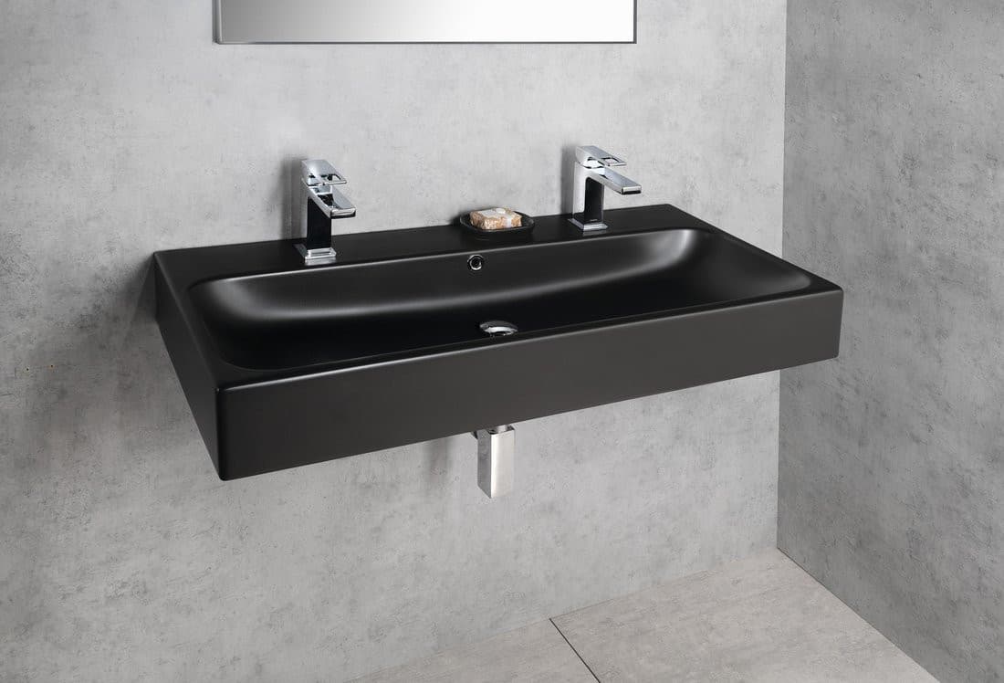 TORIDI umywalka ceramiczna prostokątna 101x46,5 cm, 2 otwory na baterię, czarna matowa