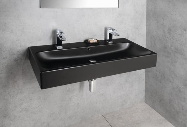 TORIDI umywalka ceramiczna prostokątna 101x46,5 cm, 2 otwory na baterię, czarna matowa