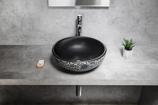 Umywalka nablatowa ceramiczna PRIORI Ø 41 cm czarna z niebieskim wzorem