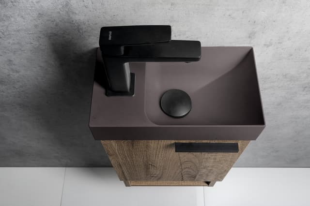 PICCOLINO mała umywalka betonowa 30,8x17 cm ciemny brąz lewa bateria