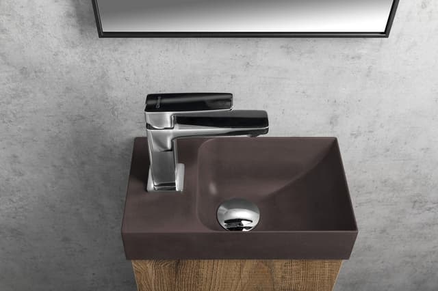 PICCOLINO mała umywalka betonowa 30,8x17 cm ciemny brąz lewa bateria
