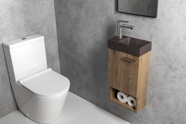 PICCOLINO mała umywalka betonowa 30,8x17 cm ciemny brąz lewa bateria