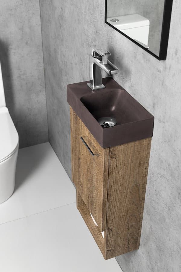 PICCOLINO mała umywalka betonowa 30,8x17 cm ciemny brąz lewa bateria