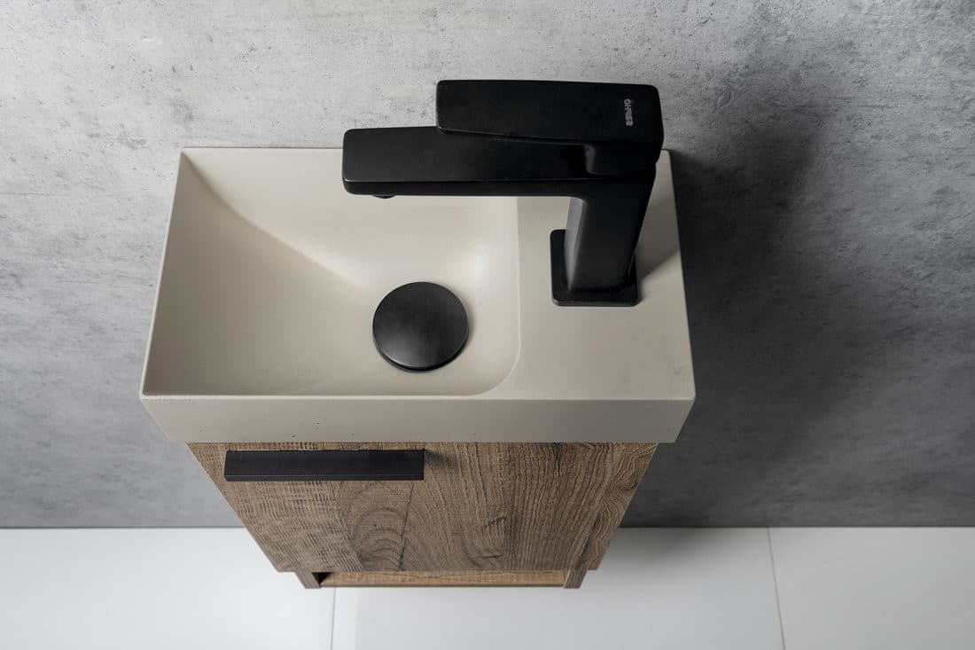 Umywalka betonowa PICCOLINO 30,8x17 cm piaskowy z baterią prawej strony