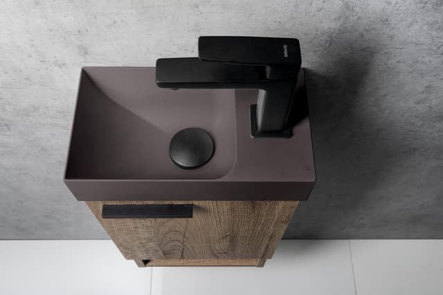 Umywalka betonowa PICCOLINO 30,8x17 cm z baterią po prawej, ciemny brąz