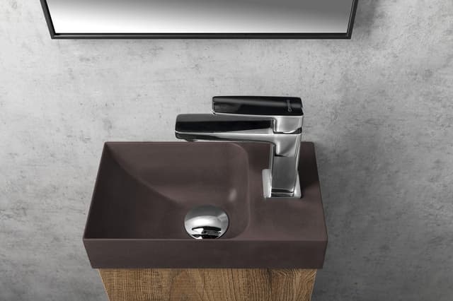 Umywalka betonowa PICCOLINO 30,8x17 cm z baterią po prawej, ciemny brąz