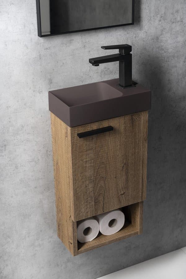 Umywalka betonowa PICCOLINO 30,8x17 cm z baterią po prawej, ciemny brąz