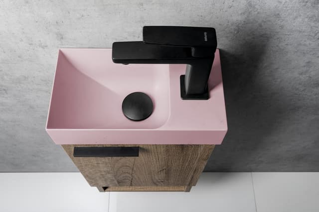 Mała umywalka betonowa PICCOLINO 30,8x17 cm, bateria prawa, różowa