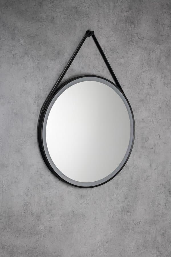 STAGO okrągłe lustro LED 60 cm czarny mat ze skórzanym paskiem