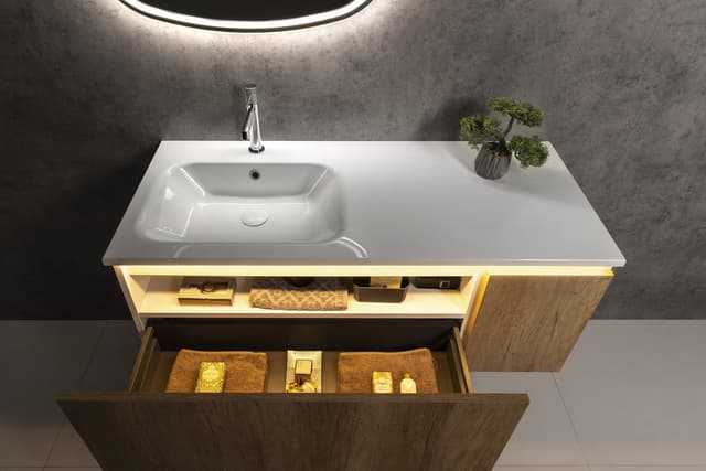 LOREA szafka łazienkowa z umywalką 121x46x51,5 cm (lewa, dąb Alabama/biały mat)