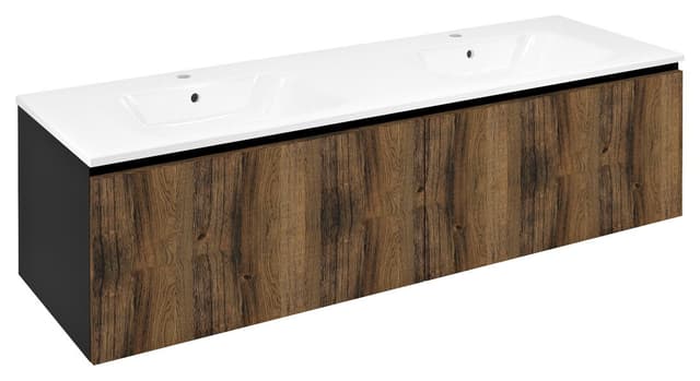 LOREA szafka z podwójną umywalką 141x46x51,5cm (70+70cm), dąb collingwood i czarny mat