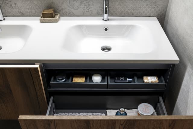 LOREA szafka z podwójną umywalką 141x46x51,5cm (70+70cm), dąb collingwood i czarny mat