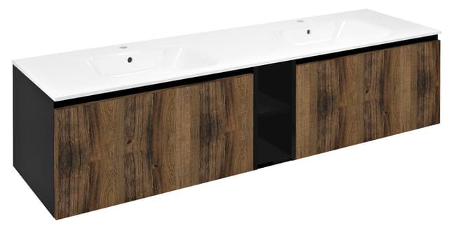 LOREA szafka z podwójną umywalką, dąb collingwood/czarny mat 161x46x51,5cm