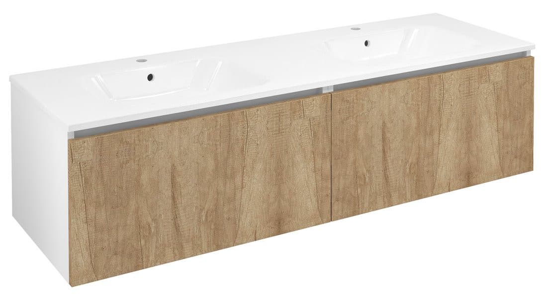 LOREA szafka z podwójną umywalką, dąb Alabama/biały mat, 181x46x51,5cm