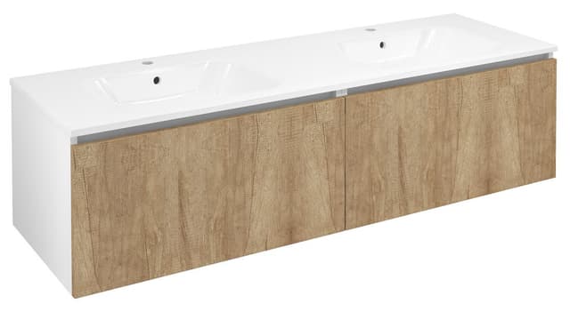 LOREA szafka z podwójną umywalką, dąb Alabama/biały mat, 181x46x51,5cm