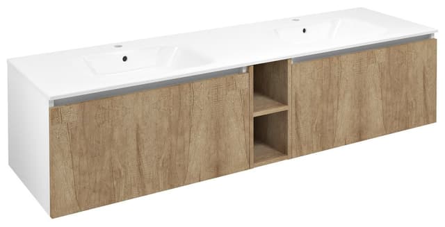 LOREA szafka z podwójną umywalką 181x46x51,5cm (80+20+80cm), dąb Alabama/biały mat