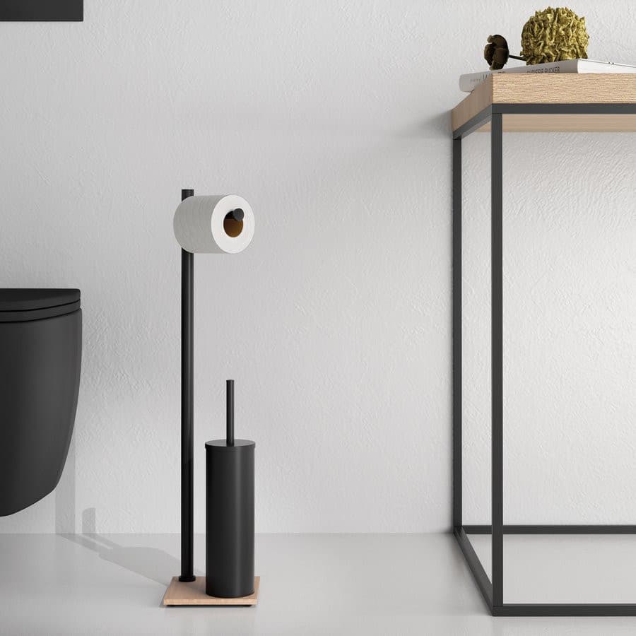 TRILLY stojak z wieszakiem na papier i szczotką WC czarny mat bambus