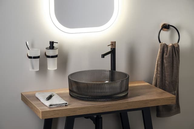 ANHELO grawerowana szklana umywalka nablatowa średnica 39,5cm, czarny