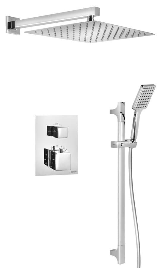 Zestaw prysznicowy z baterią podtynkową, termostat, 2 wyjścia, box podtynkowy, chrom