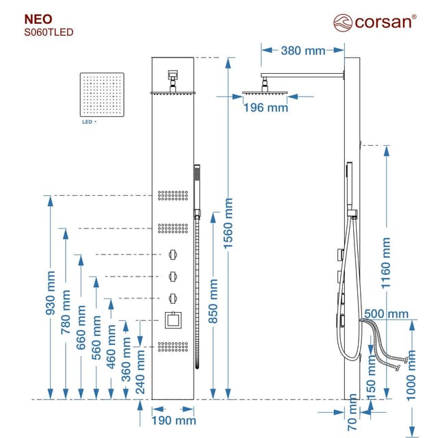 Panel prysznicowy Corsan NEO Termostat Stal Deszczownica LED